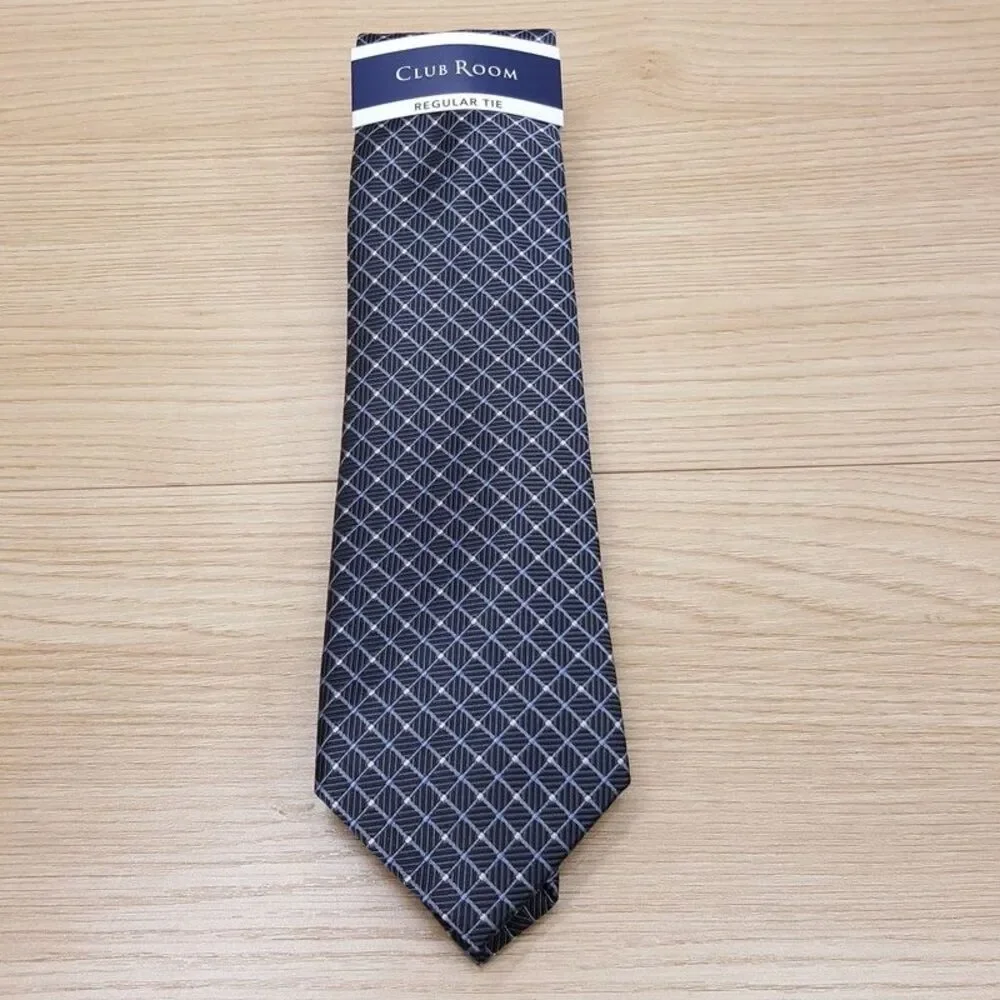 CLUB ROOM Mens Neck Tie Dark Grey Diamond Grid Modern Classic Necktie